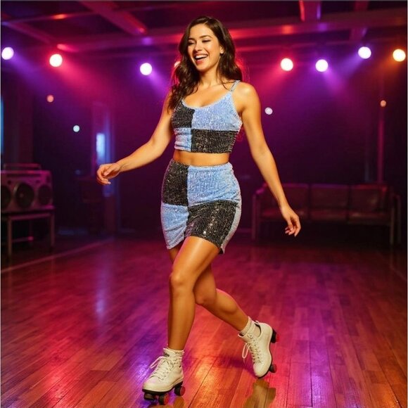 Cool As Ice Sequin Mini Skirt W/ Colorblock Panels & Invisible Zipper Alt-Core S - Picture 4 of 4